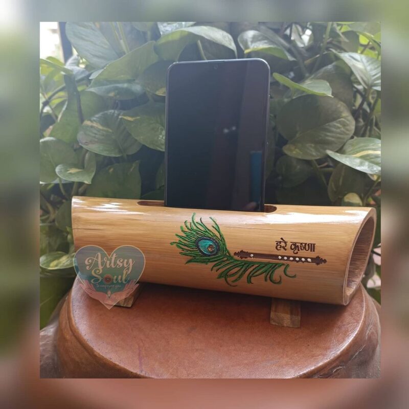 Krishna's Aura: Bamboo Mobile Stand cum Sound Amplifier for Devotional Experience