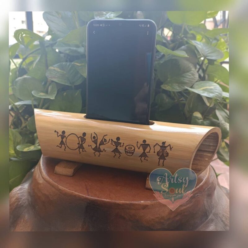 Echoes of Tradition: Warli Print Bamboo Mobile Stand cum Sound Amplifier