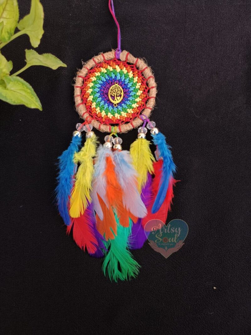 Vibrant Car Dreamcatcher Hanger: Rainbow Colors and Tree of Life Charm