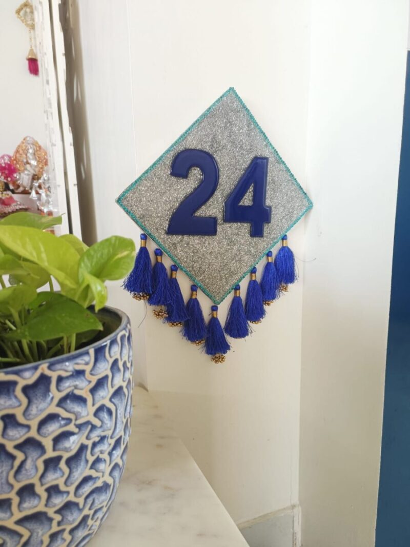 Number 24 Harmony in Blue: Silver-Touched Wall Decor with Tassels