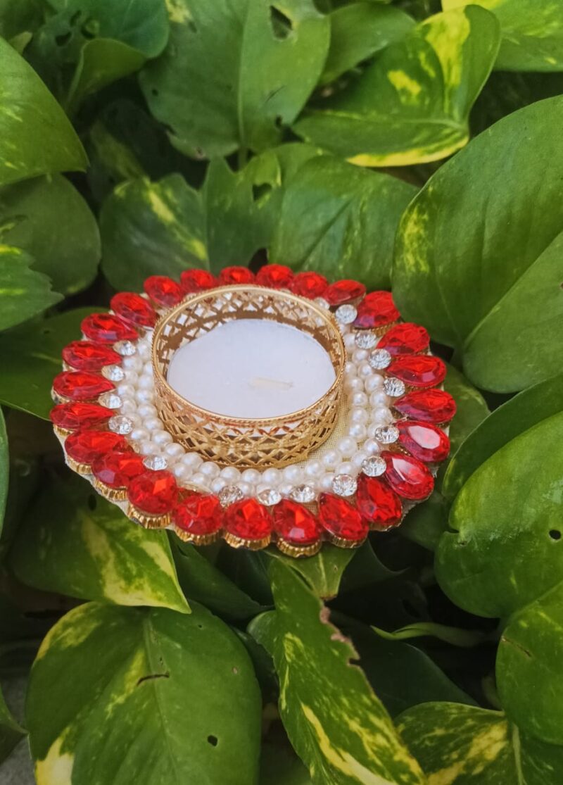 Red and Pearl Kundan Tealight Holder – Elegant Festive Décor ( A set - 2 piece)