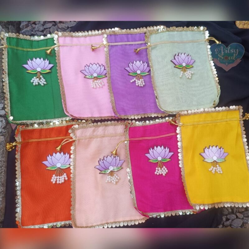 Vibrant Lotus-Decorated Pouches – Perfect for Diwali Gifting ( Set of 8 - Random colours)