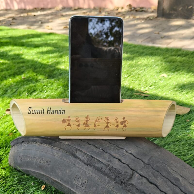 Personalized Bamboo Phone Amplifier with Warli Art – Eco-Friendly Sound Booster & Unique Gift ( 1 piece)